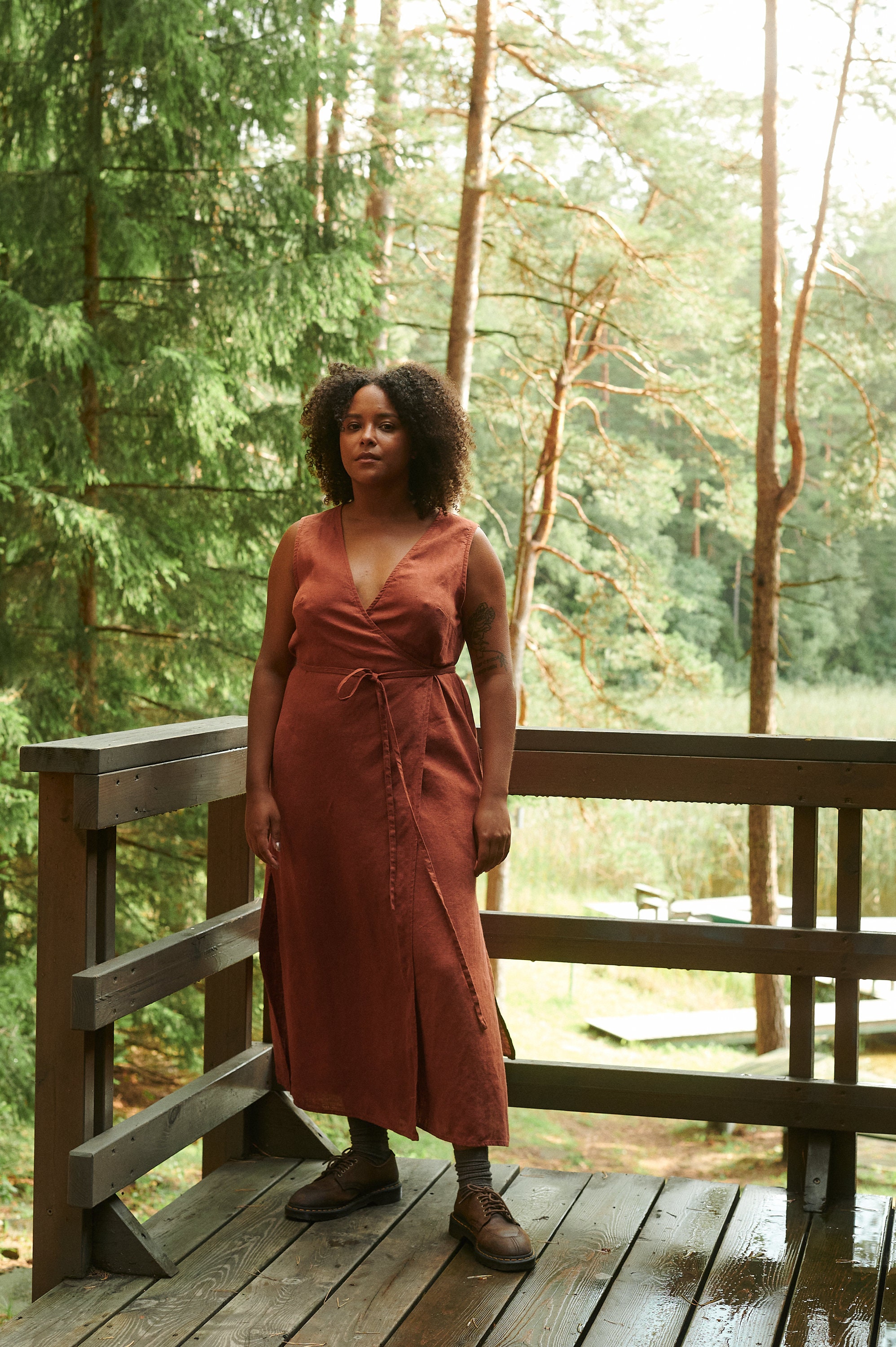 Nuria Terracotta Wrap Linen Dress - Long Wrap Linen Dress - Midi