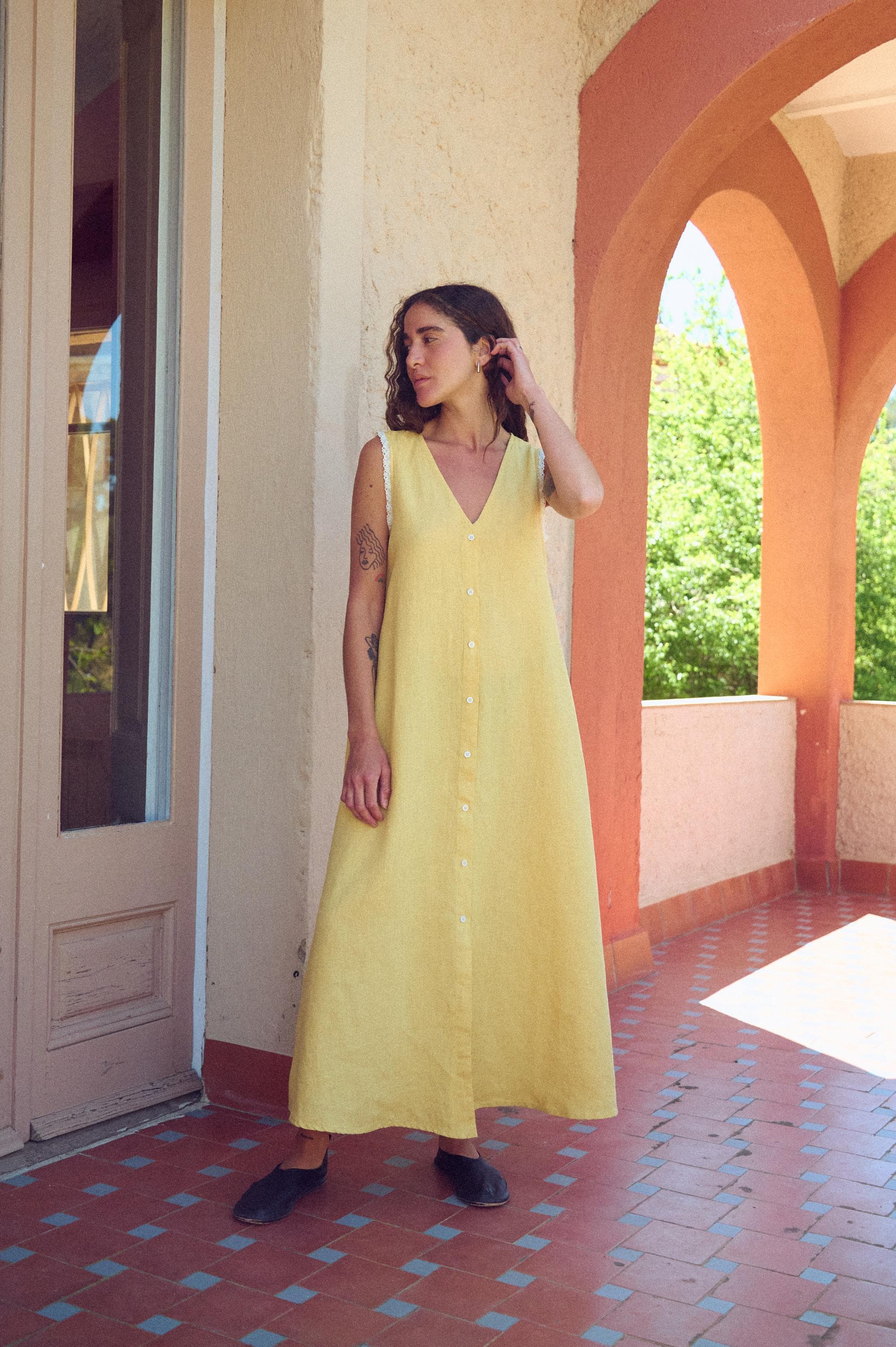 Ula Linen Button Down Dress - Butter Yellow V-Neck With Lace Details Sleeveless Summer Oversized