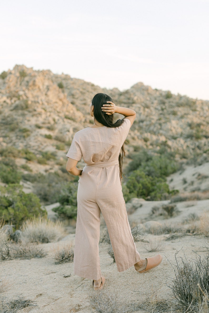 Aimee stoffige perzik jumpsuit Linnen jumpsuit Los linnen Jumpsuit Linnen overall Linnen vrouwen romper Linnen kleding Wikkel jumpsuit afbeelding 3