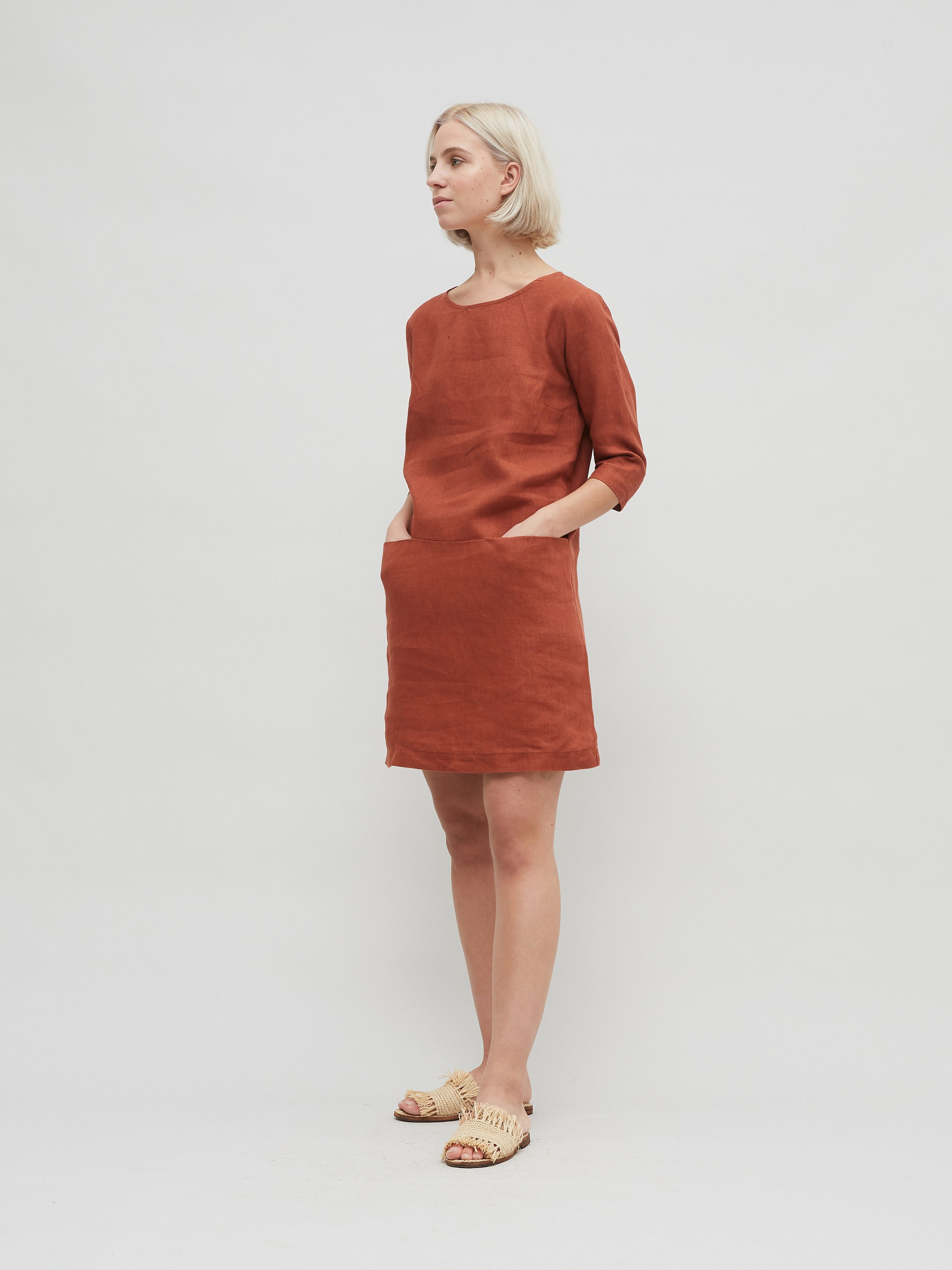 Cleopatra Terracotta Short Linen Dress