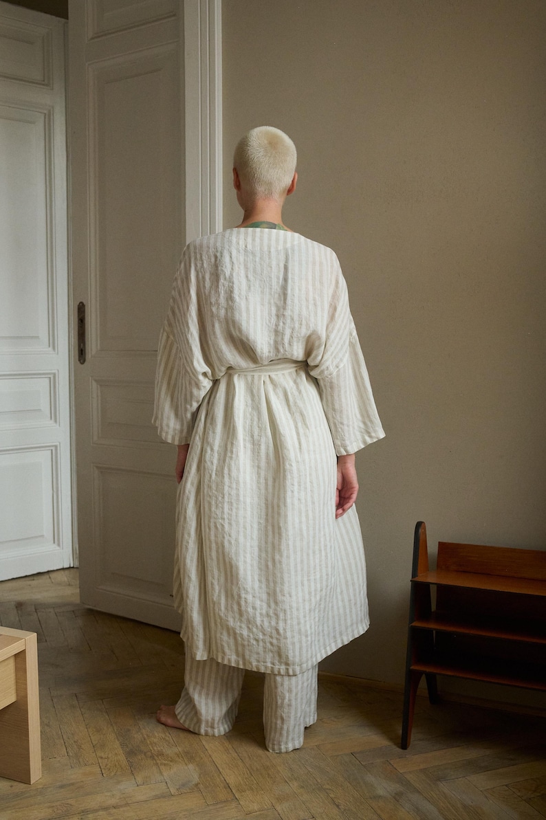 Long Linen Robe - Natural Grey Stripes Linen - Bathrobe - Striped Robe ...