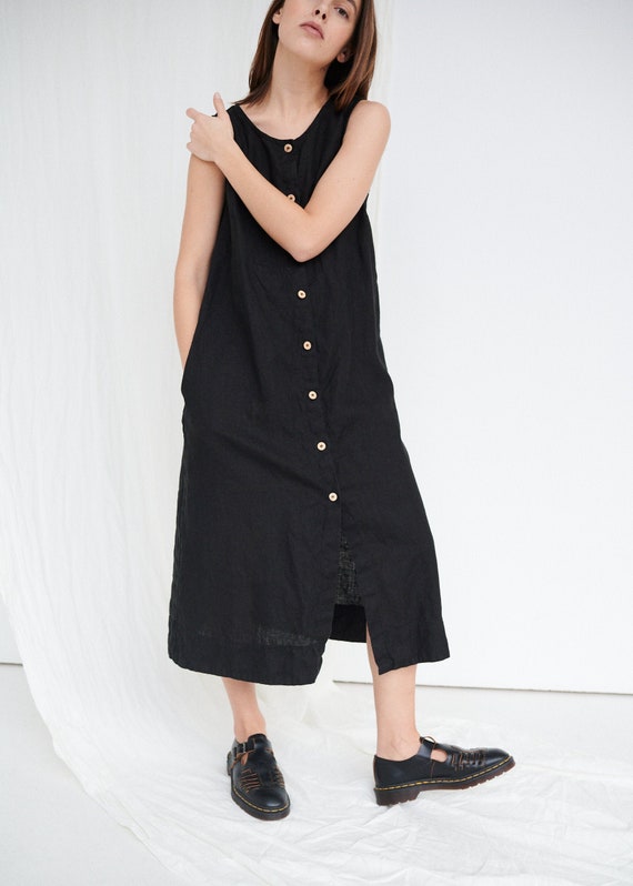 Robin Black Dress Button Down Dress Long Linen Dress Maxi Linen Dress Soft Linen Dress Etsy