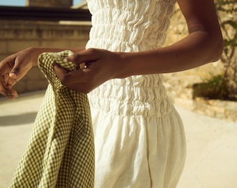Smocked White Linen Mini Dress - Rime - Sleeveless dress- Smocked bodice dress - Summer dress -Mini dress - Spaghetti Straps Summer Dress