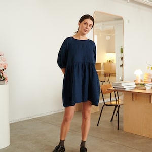 Beth navy blue dress - Linen Dress - Summer linen dress - Short Linen dress