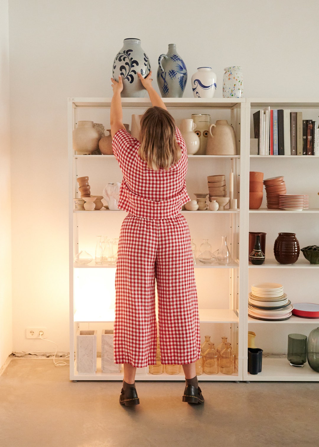 パンツ ASCLO Vintage Gingham Check Banding Pants (2color) Ocean Red Gingham Trousers - Linen Pants - Linen Trousers