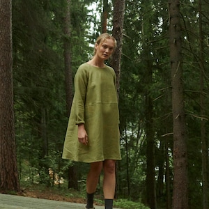 Marie heavy olive linen dress - Heavy linen dress - Mini linen dress - Washed linen heavy dress