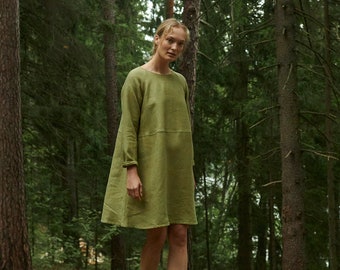 Marie heavy olive linen dress - Heavy linen dress - Mini linen dress - Washed linen heavy dress