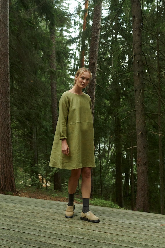 Marie heavy olive linen dress - Heavy linen dress - Mini linen dress - Washed linen heavy dress
