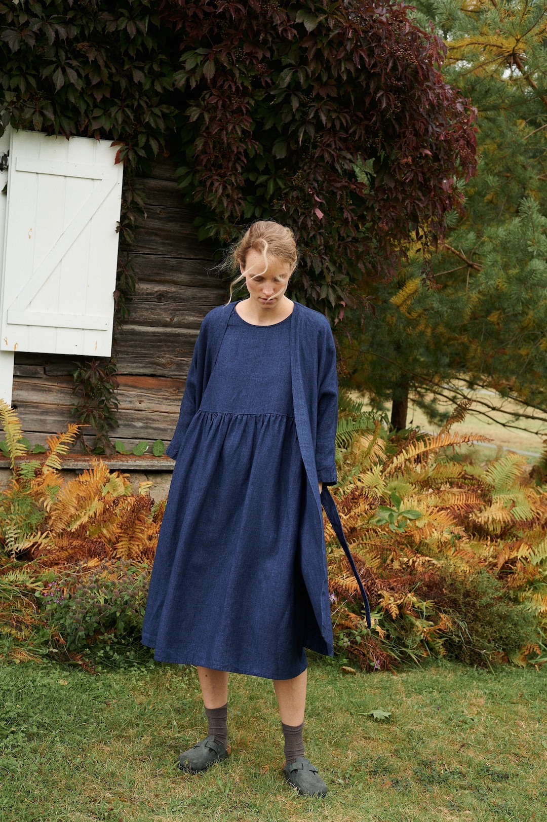 Margo navy blue linen wool blend dress