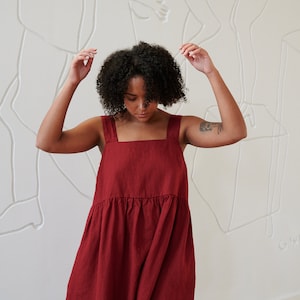 Summer burgundy red dress - Linen dress - Summer linen dress - Midi dress - Loose linen dress - Simple linen dress - Pinafore dress