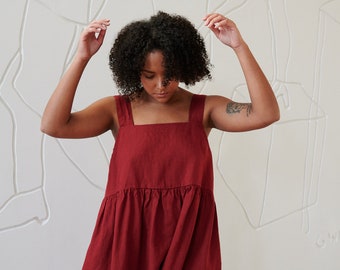 Summer burgundy red dress - Linen dress - Summer linen dress - Midi dress - Loose linen dress - Simple linen dress - Pinafore dress