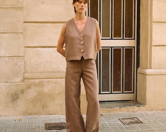 Martina Cacao Heavy Linen Wide-leg Pants - 100% Linen Trousers - Woman's Linen Pants - Wide Woman's Pants -Brown Loose-Fit Culottes
