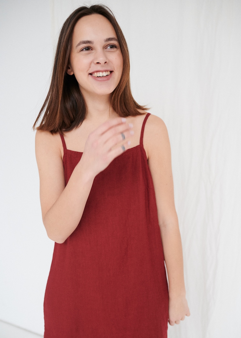 Aurora burgundy red dress Linen dress Long dress with straps Summer dress Soft linen dress Minimal linen dress image 4