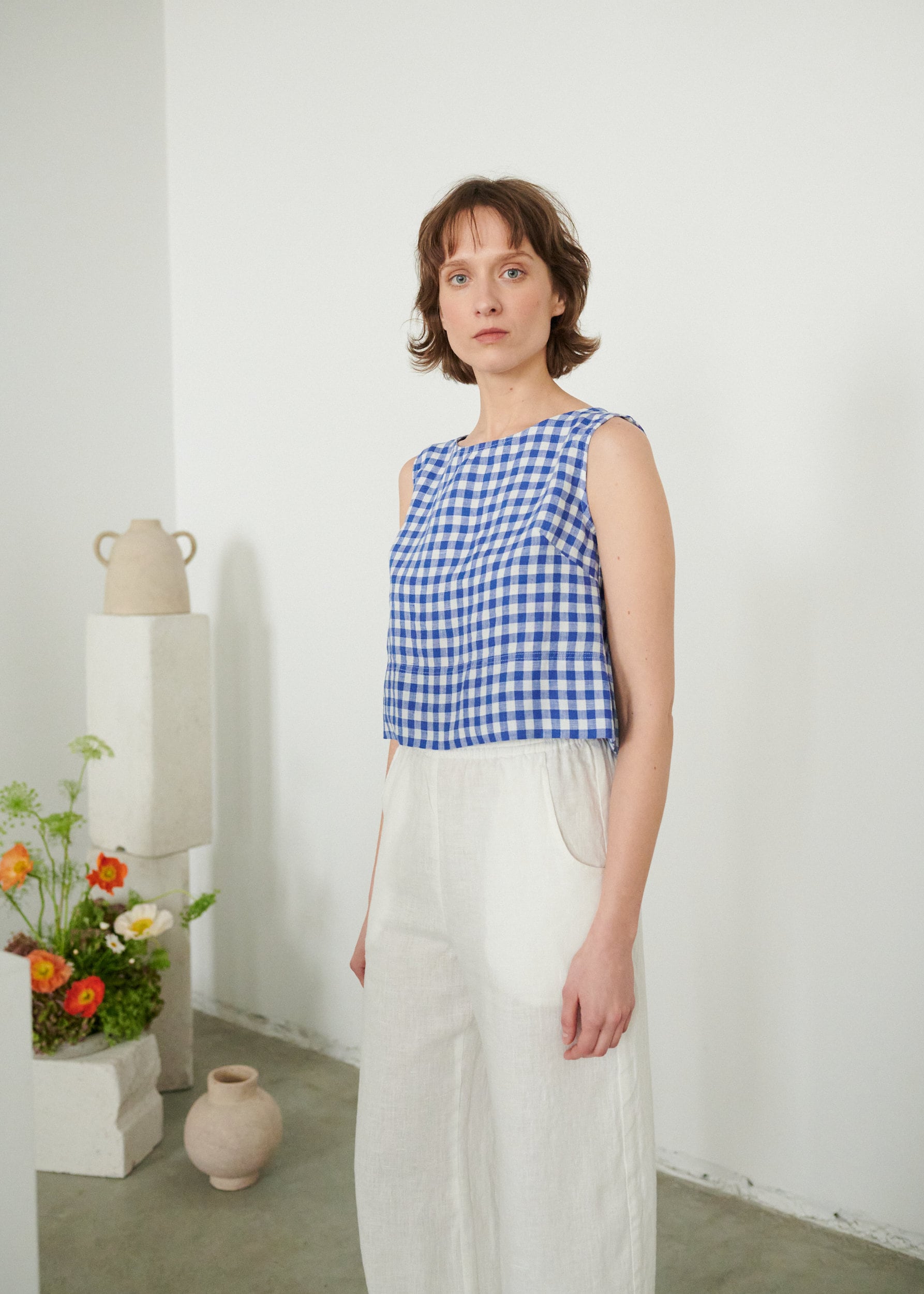 Crop Blue Gingham Top - Basic Linen Tank Blouse