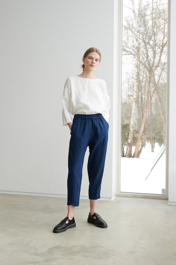 Mara Navy Blue Trousers Tapered Linen Pants Linen Trousers Linen