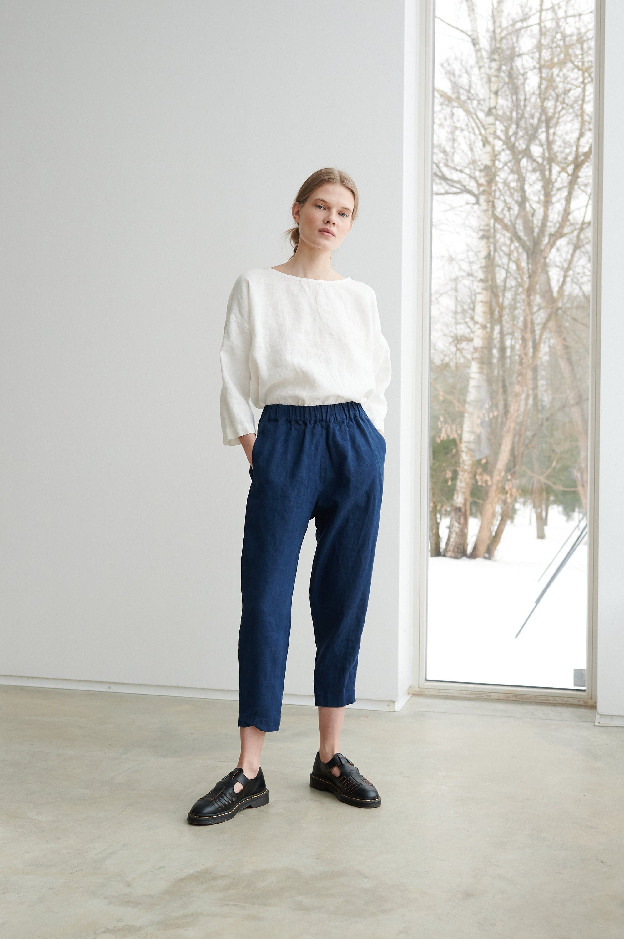 Mara Navy Blue Trousers - Tapered Linen Pants - Linen Trousers