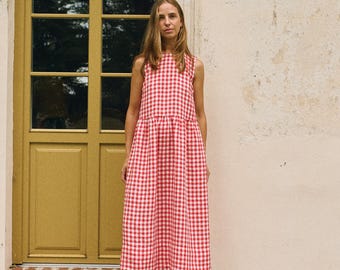 Ieva red gingham smock dress - Sleeveless dress - Linen dress - Oversized dress - Summer dress - Smock dress - Straight-cut - Gingham dress