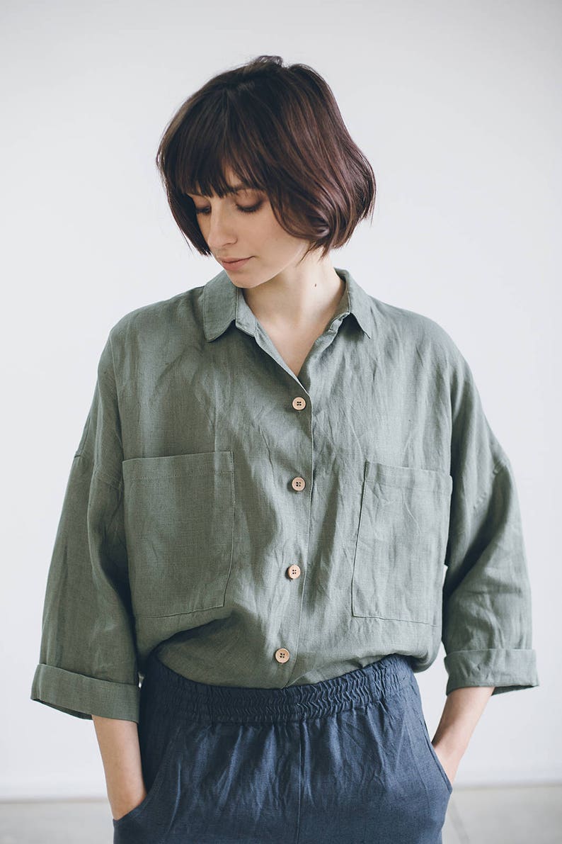 Kay pine green shirt Linen shirt Drop shoulder shirt | Etsy