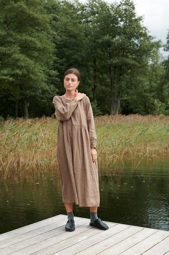 brown long linen dress DEIA Midi Dress
