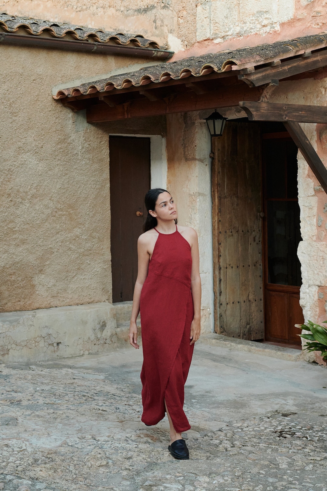 red linen spaghetti strap dress EVEREVE Women's Jill Contrast Stitch Linen Midi Dress, Size Large, Red main image 1