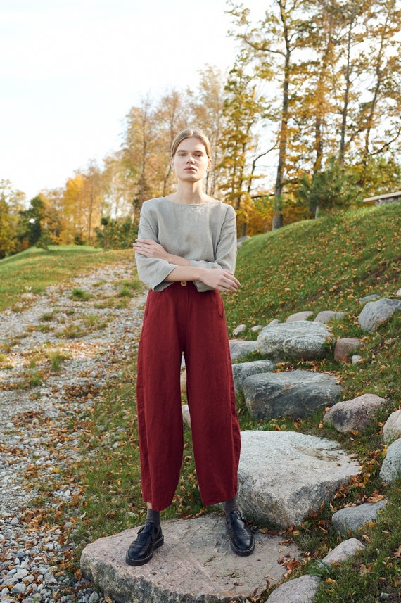 Ready to Ship Frankie Burgundy Red Trousers Barrel Trousers Linen