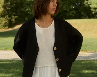 Greta heavy black jacket - Heavy linen jacket -  V-neck- Washed linen coat - Linen cardigan