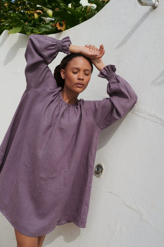 Agata Dusty Lavender Linen Dress - Oversized Linen Dress - Balloon  