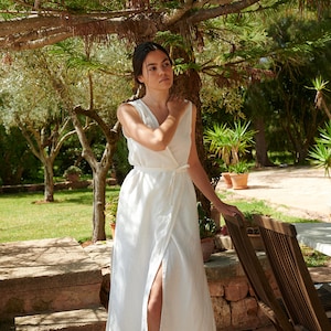 Nuria milky white linen dress - Long wrap linen dress - Midi wrap linen dress - Deep side slits linen dress