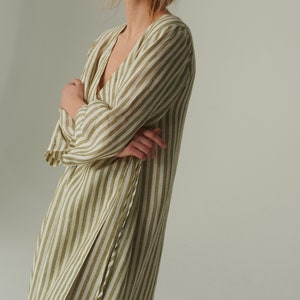 Ready to ship - Junko olive stripes linen dress - Wrap linen dress - Maternity linen dress - Oversized linen dress - Summer dress image 6
