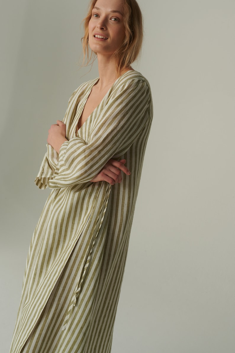 Ready to ship - Junko olive stripes linen dress - Wrap linen dress - Maternity linen dress - Oversized linen dress - Summer dress image 6
