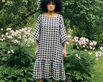 Gotowa do wysyłki - Sukienka lniana Vilte w granatową kratkę gingham - Sukienka lniana - Jesienna sukienka lniana - Długa sukienka lniana - Sukienka maxi - Sukienka oversize