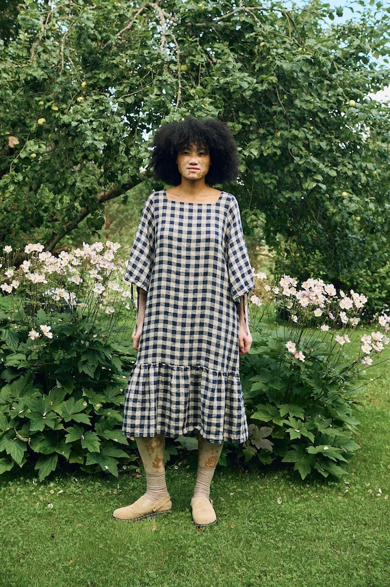 Ready to ship - Vilte navy blue gingham linen dress - linen dress - Fall linen dress - Long linen dress - Maxi dress - Oversized dress