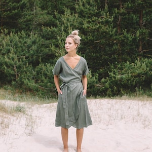 Mimosa pine green dress Maternity dress Wrap linen dress Oversized linen dress Summer dress Linen dress Pine green linen dress image 2