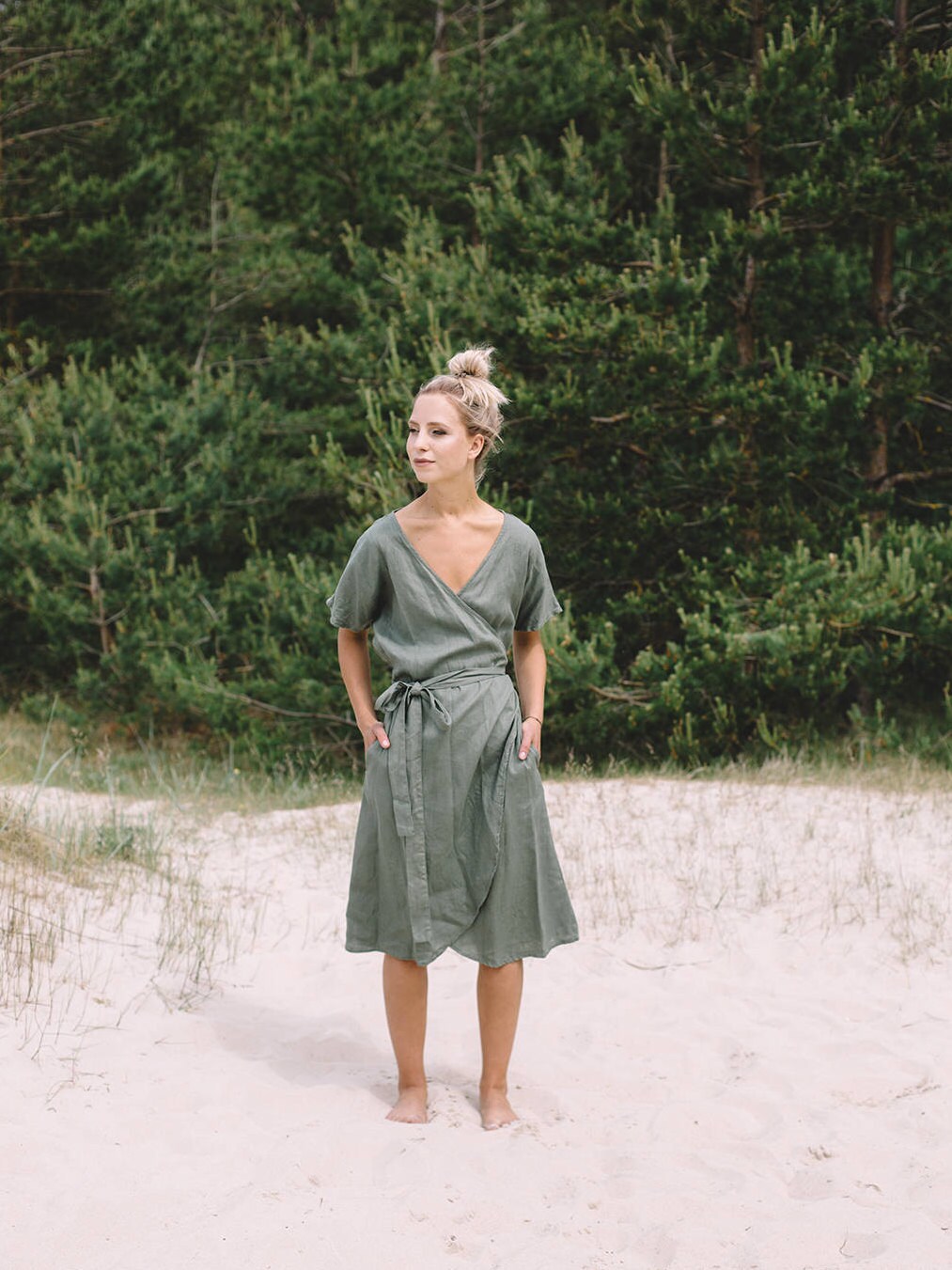 Mimosa Pine Green Dress - Maternity Dress - Wrap Linen Dress