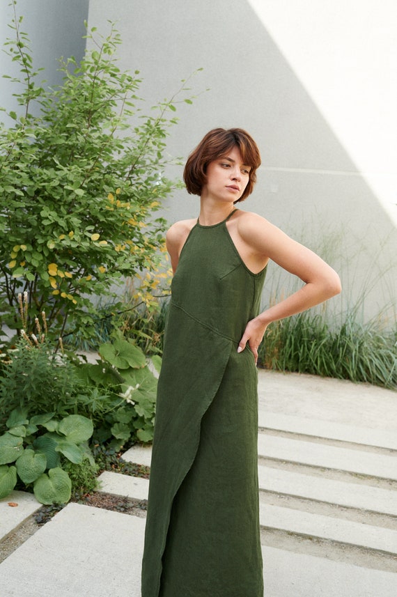Mira Forest Green Dress Spaghetti Strap Linen Dress Linen Dress Long Linen  Dress -  Canada
