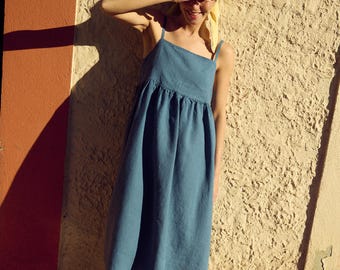 Linen Midi Pinafore Dress - Baru - Stellar Blue - Spaghetti Strap Summer Dress - Linen Dress - Women's Midi Dress - Soft Linen Dress