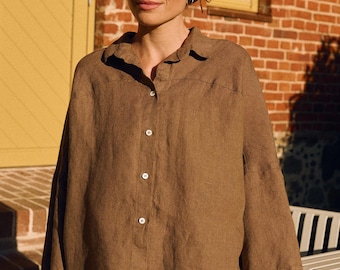 Halli cacao linen shirt - Oversized linen shirt - Women linen shirt - Loose linen shirt - Fall linen shirt
