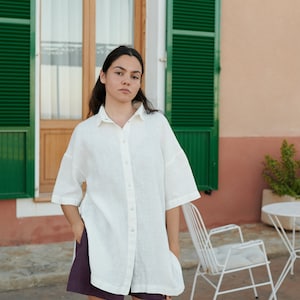 Viola milky white linen shirt Oversized linen shirt Summer linen shirt image 5