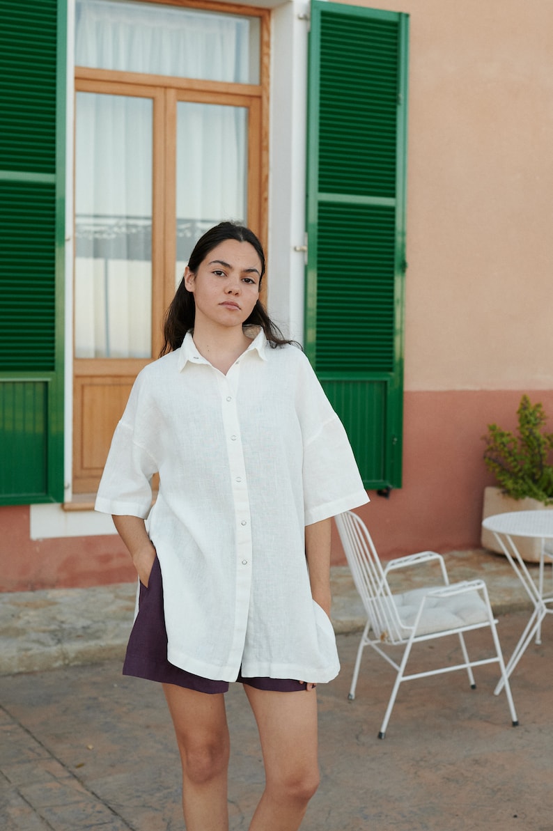 Viola milky white linen shirt Oversized linen shirt Summer linen shirt image 5