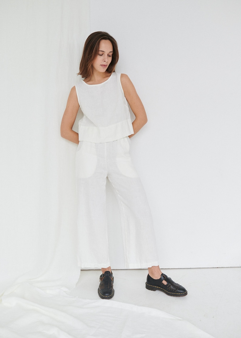 Crop milky white top Basic linen top Linen tank top Linen blouse Soft linen clothing White linen top image 3