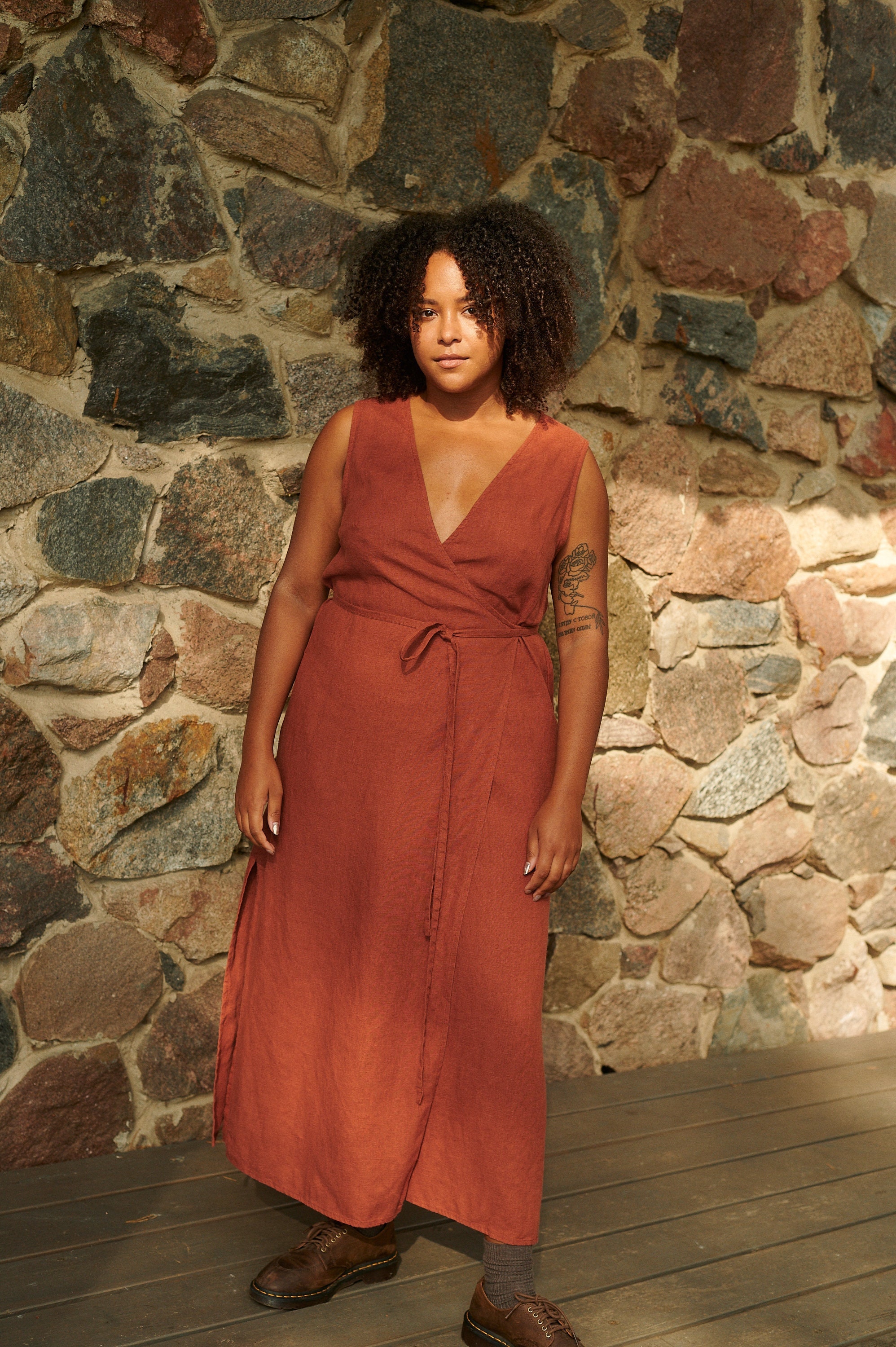 Nuria terracotta wrap linen dress - Long wrap linen dress - Midi wrap linen dress - Deep side slits linen dress
