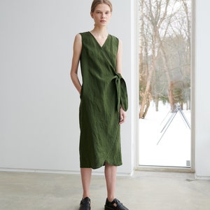 Zoe Forest Green Dress Maternity Dress Wrap Linen Dress Oversized Linen ...