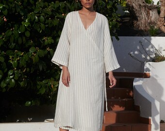Junko natural grey stripes linen dress - Wrap linen dress - Maternity linen dress -Oversized linen dress -Summer dress- Linen dress- Stripes