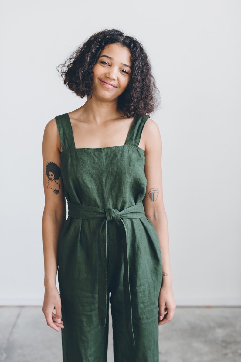 Naomi forest green jumpsuit Linen jumpsuit Oversized jumpsuit Linen romper Women linen clothing Linen overall Wide leg jumpsuit image 5