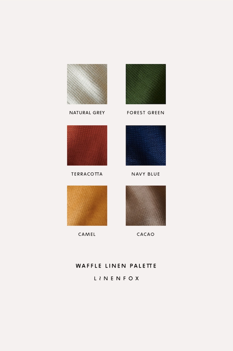 May include: Waffle linen fabric swatches in natural grey, forest green, terracotta, navy blue, camel, and cacao colors. The swatches are arranged in two rows of three. The text "Waffle Linen Palette" and "LINENFOX" are below the swatches.
