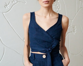 Soja navy blue waffle top - Wrap linen top - Linen blouses - Linen clothes for women