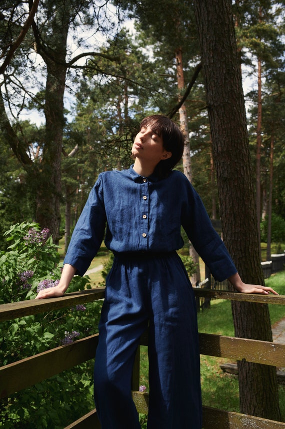 Work Navy Blue Jumpsuit Linen Jumpsuit Loose Linen Jumpsuit Linen