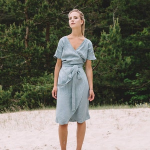 Women wearing linen wrap dress