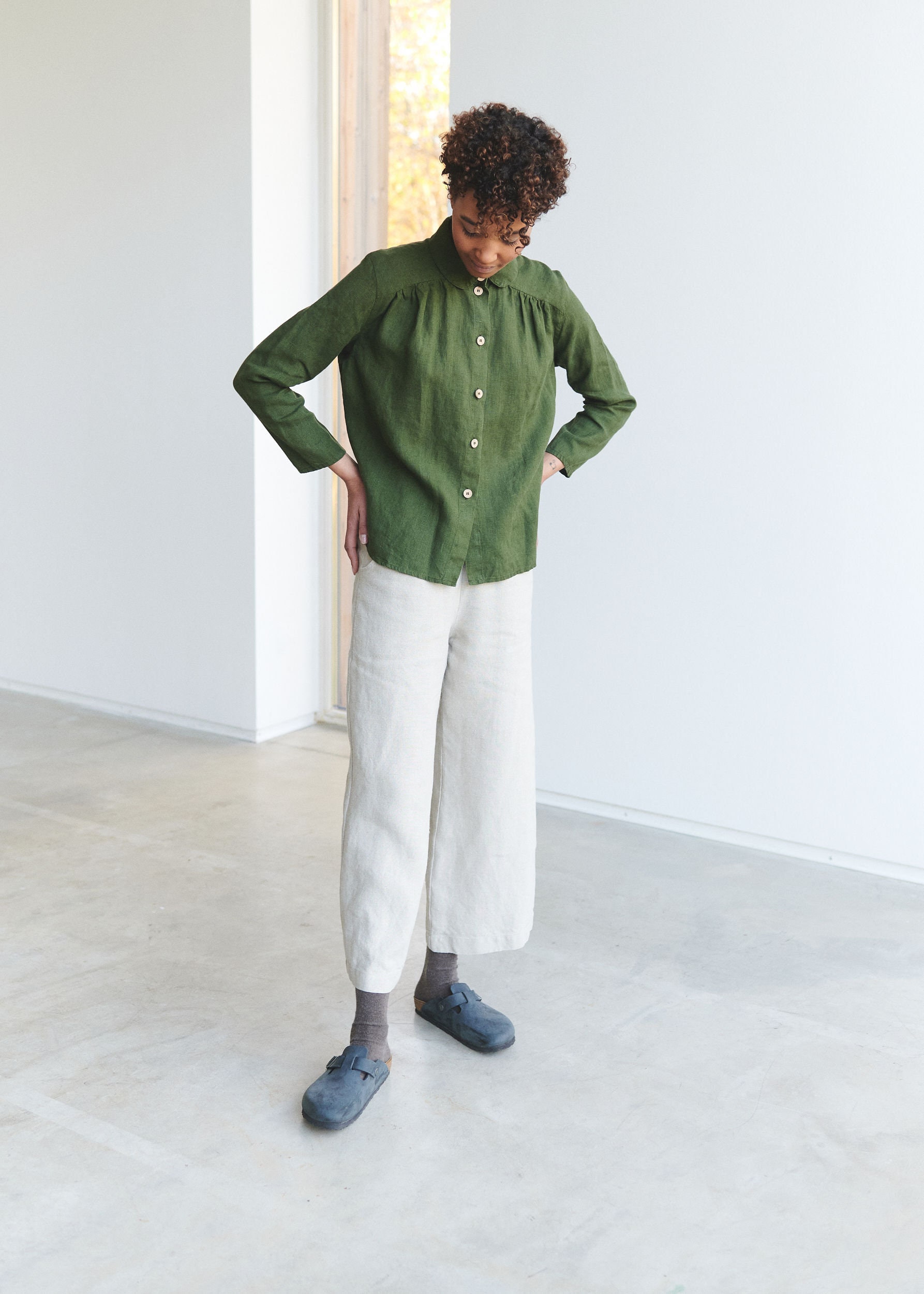 Petra Forest Green Shirt Washed Linen 