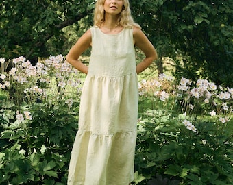 Vestido de lino Amalie con estampado de cuadros de manzana - Vestido casual - Vestido con volantes - Vestido de lino - Vestido de corte A - Vestido de verano - Vestido sin mangas - Vestido tipo blusón